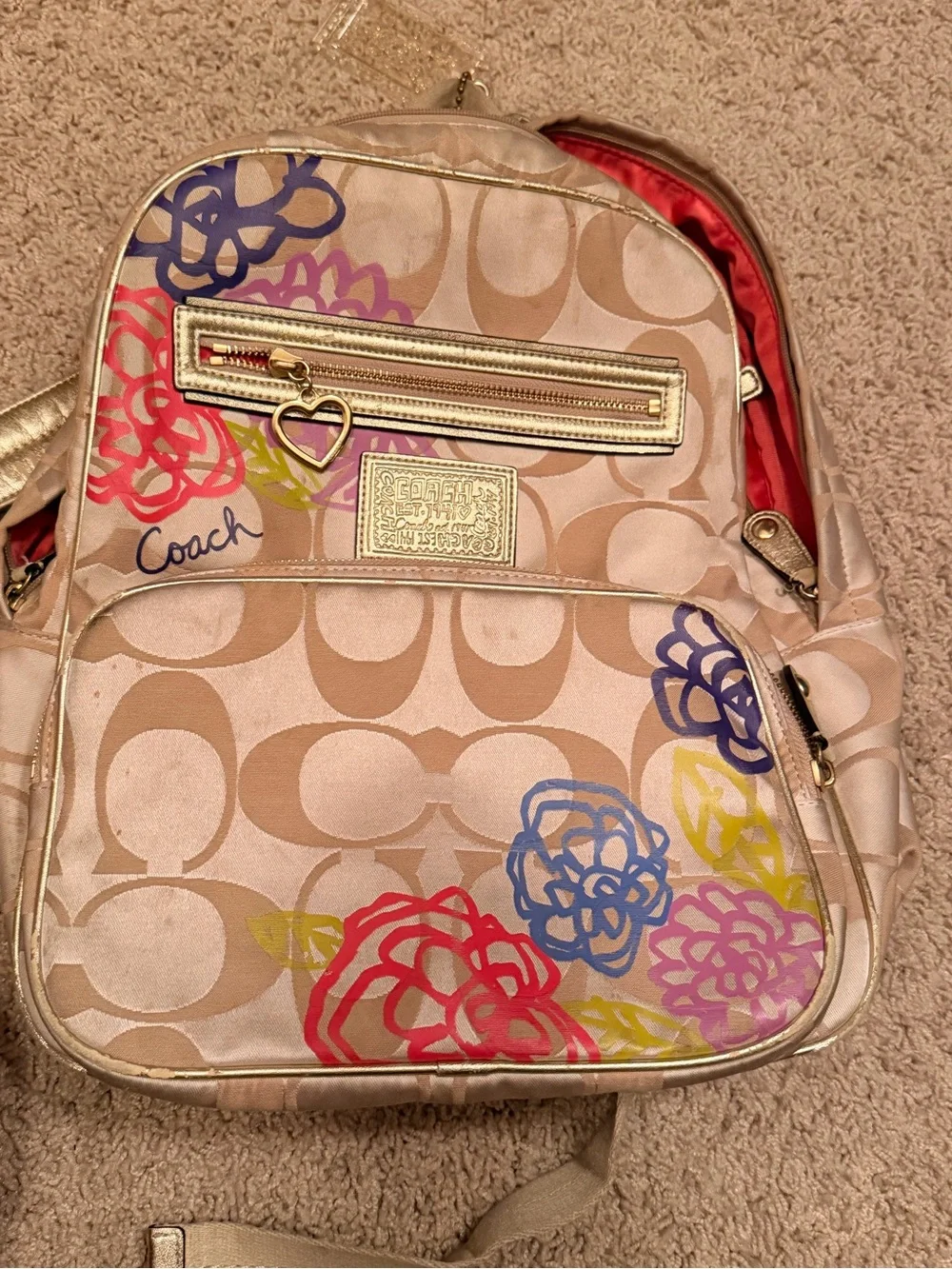 Coach Beige Signature Backpack with Multi-Color Floral Print